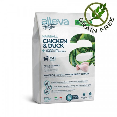 Холистична храна за котки против космени топки Alleva® Holistic "Chicken & Duck + Aloe Vera & Sugarcane" Hairball Cat - 10kg