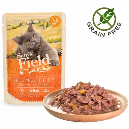 Пауч за котки с 85% истинско месо - Sam's Field Cat Pouch - True Meat Fillets Chicken & Pumpkin (85 гр)