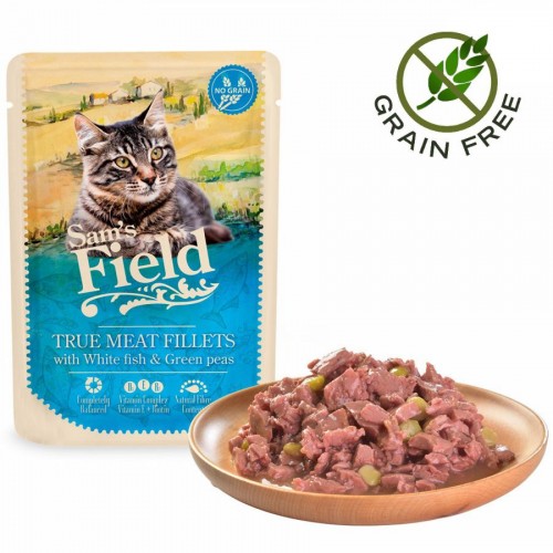 Пауч за котки с 85% истинско месо - Sam's Field Cat Pouch - True Meat Fillets White Fish & Green Peas (85 гр)