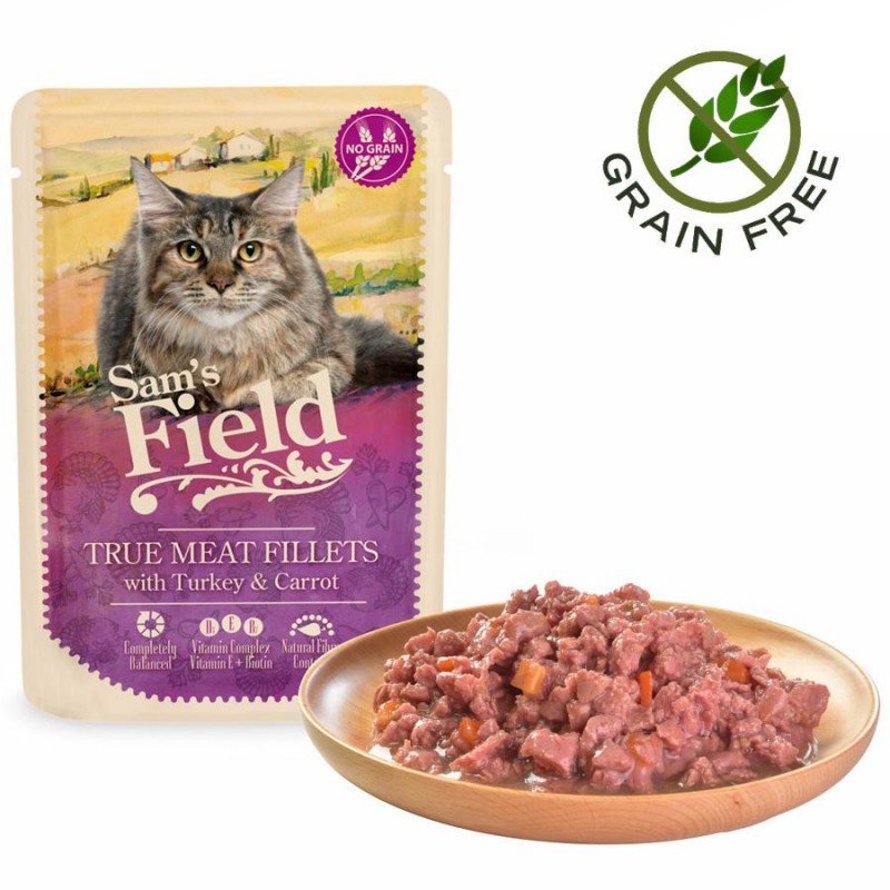 Пауч за котки с 85% истинско месо - Sam's Field Cat Pouch - True Meat Fillets Turkey & Carrot (85 гр)