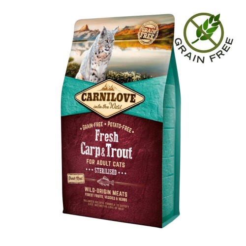 Холистична храна за кастрирани котки с пресен шаран и пъстърва Carnilove Cat Sterilised Fresh Carp & Trout (6 кг)