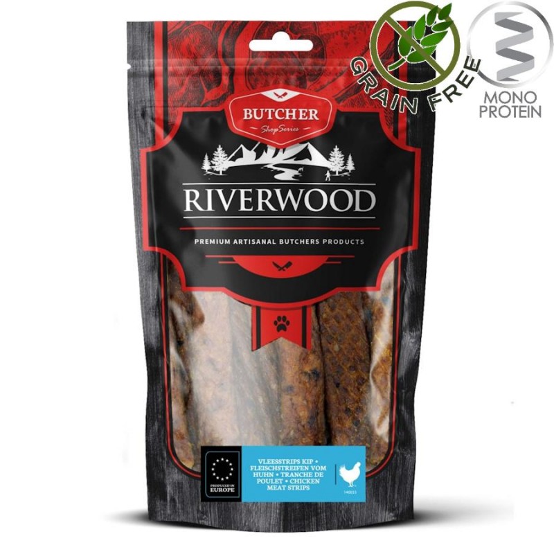 Riverwood Butcher Snack Meat Strips Chicken - лакомство за кучета от сушени пилешки ленти (150 гр)