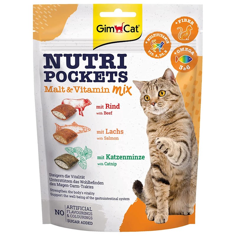 GimCat Nutri Pockets Malt & Vitamin Mix - лакомство за котки с микс от говеждо, котешка билка или сьомга (150 гр)