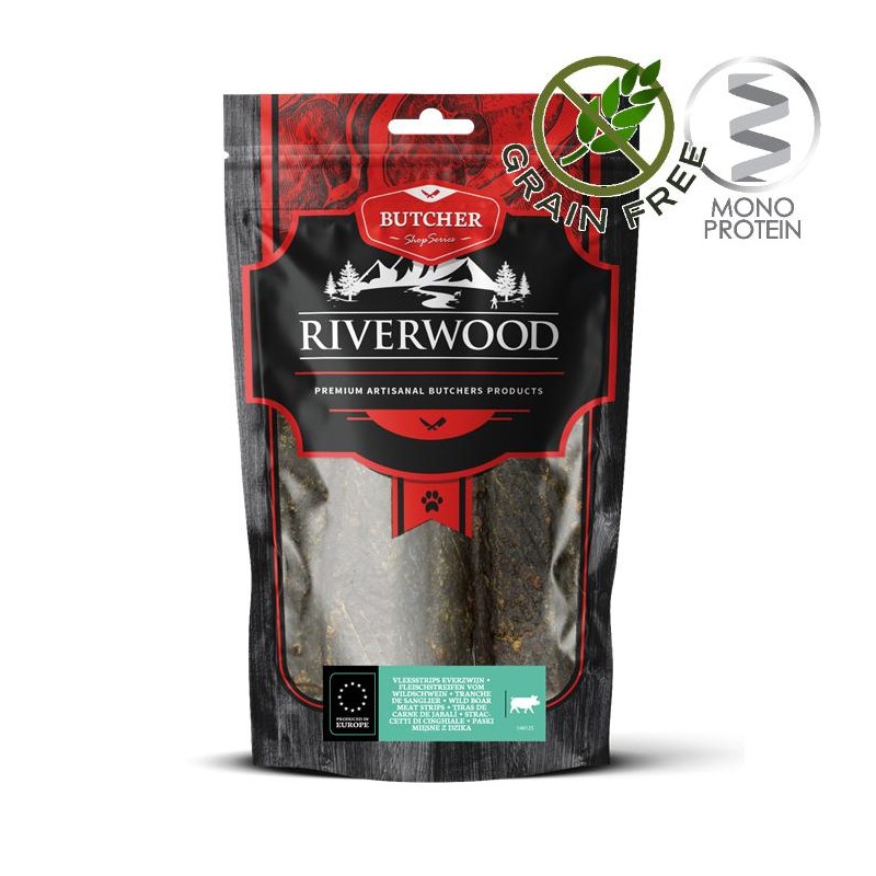 Riverwood Butcher Snack Meat Strips Wild Boar - лакомство за кучета от месни ленти от диво прасе (150 гр)