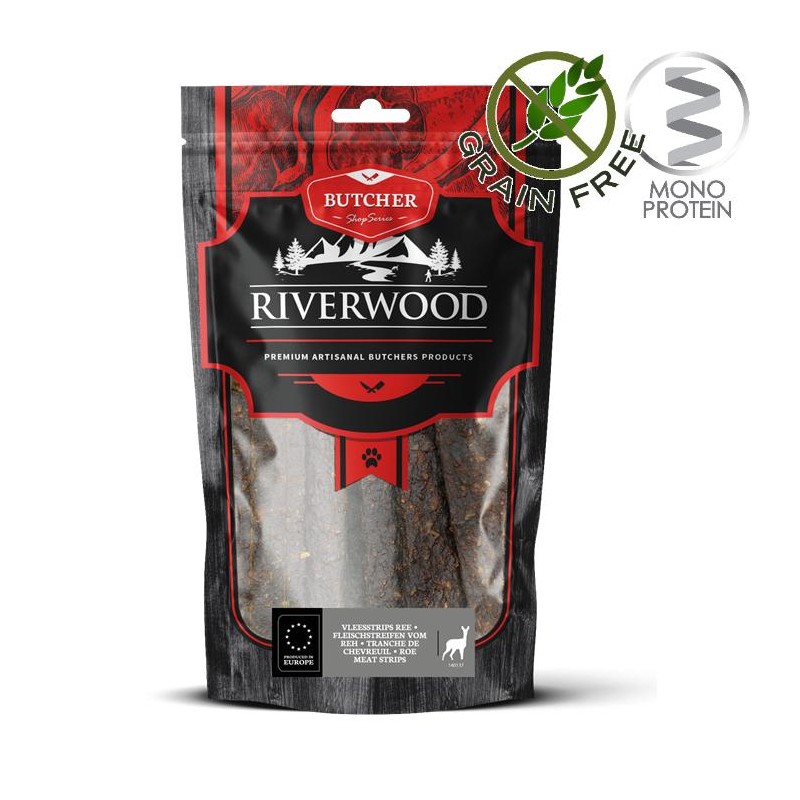 Riverwood Butcher Snack Meat Strips Roe - лакомство за кучета от сушени сърнешки ленти (150 гр)