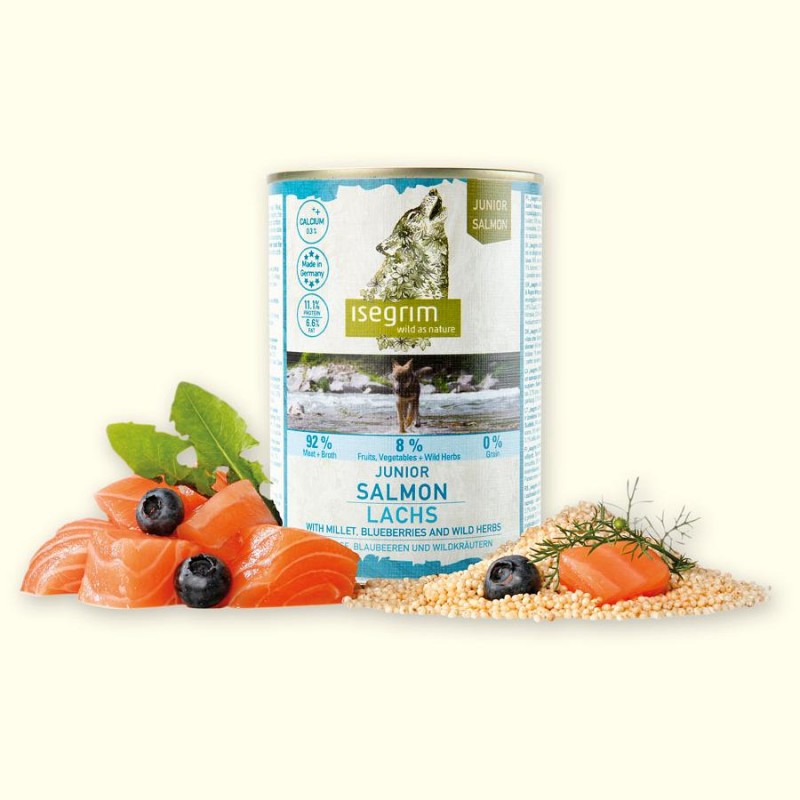 Isegrim Dog Junior Salmon + Millet, Blueberries & Herbs - консерва за кученца със сьомга (400 гр)