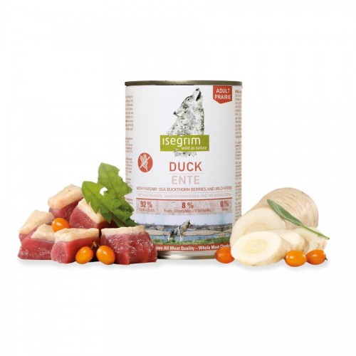 Isegrim Dog Adult Duck + Parsnip, Sae Buckthorn Berries & Herbs - консерва за кучета с патешко (400 гр)