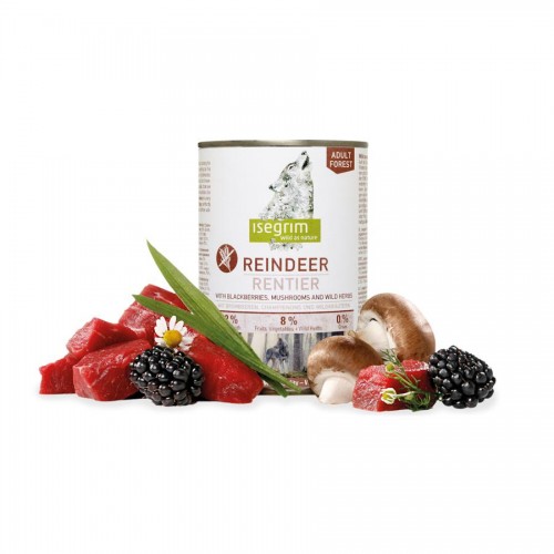 Isegrim Dog Adult Reindeer, Blackberries, Mushrooms & Herbs - консерва за кучета с месо от северен елен (800 гр)