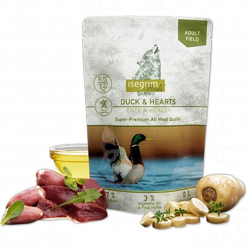 Isegrim Dog Adult Duck + Hearts & Vegetable Mix + Field Herbs - пауч за кучета с патешко и пилешки сърчица (410 гр)