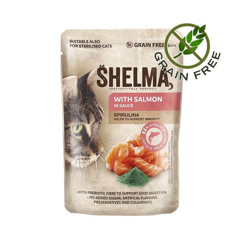 Качествен пауч за котки със сьомга в сос - Shelma Cat Fillets Rich in Salmon with Spirulina in Sauce (85 гр)