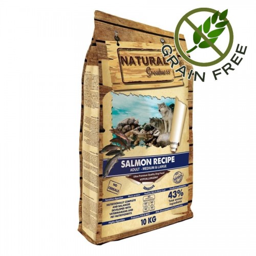 Хипоалергенна храна за чувствителни кучета със сьомга Natural Greatness "Salmon Recipe Sensitive Dog Medium & Large" 10 кг