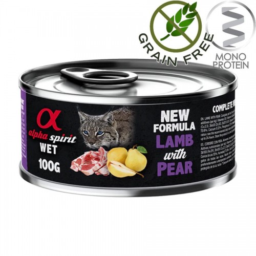 Alpha Spirit Complete Cat Wet Lamb with Pear - монопротеин пастет с агнешко и круши за котки (3х100гр + 1х100гр безпл.)