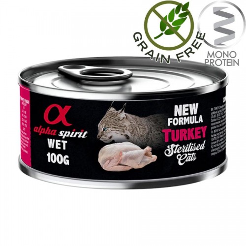 Alpha Spirit Complete Cat Sterilized Wet Turkey - монопротеин пастет с пуешко за кастрирани котки (3х100гр + 1х100гр безпл.)
