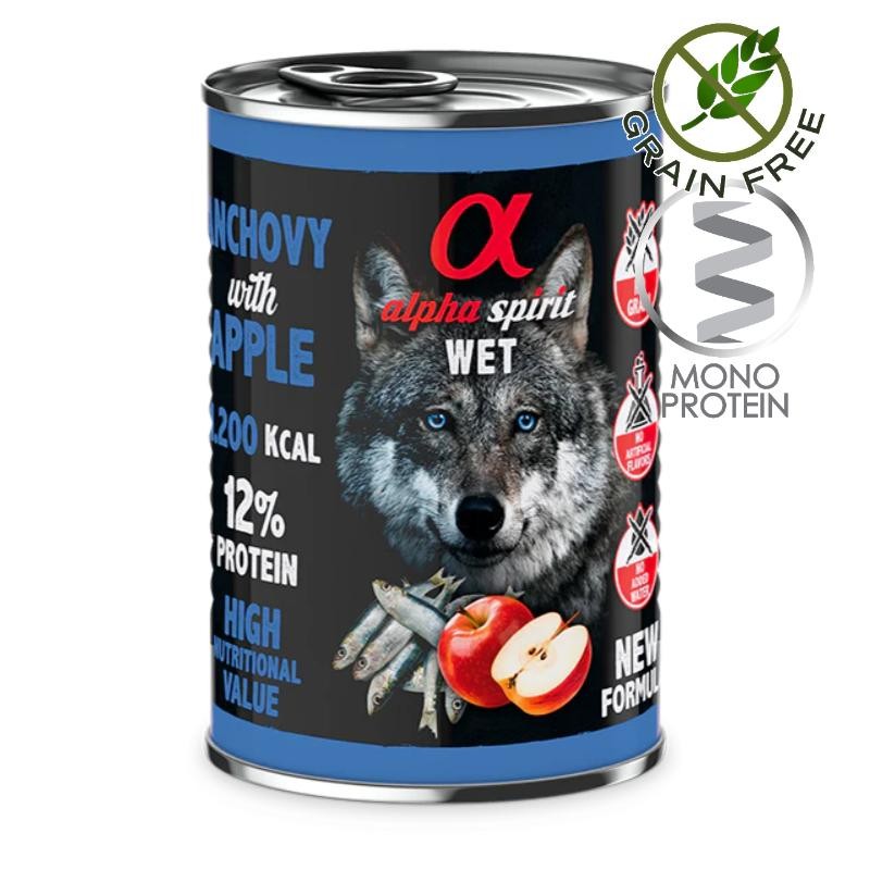 Alpha Spirit Complete Dog Wet Anchovy with Apple - монопротеин пастет с аншоа и ябълки за кучета (4х400гр на цената на 3)