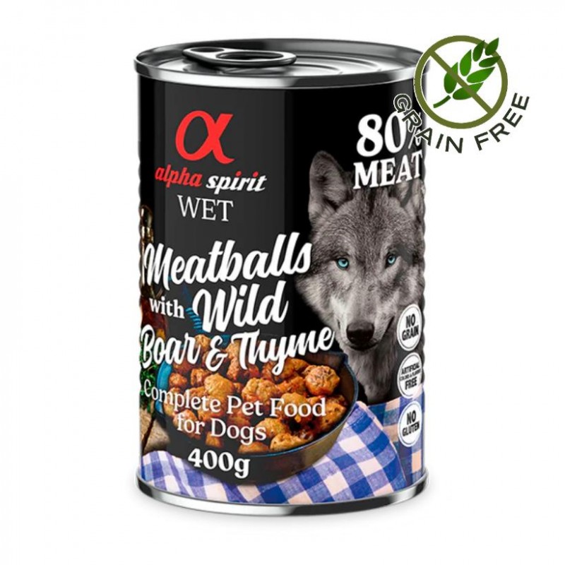 Alpha Spirit Dog Wed Meatballs Wild Boar & Thyme - кюфтенца с диво прасе и мащерка за кучета (4х400гр на цената на 3)