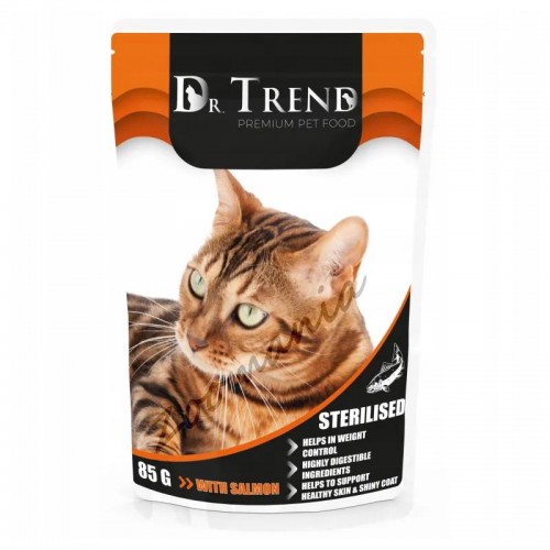 Dr. Trend Pouch Sterilized Cat with Salmon - евтин пауч за кастрирани котки със сьомга (12 х 85 гр)